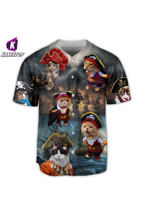 Pirate Cat Cute Men 3D Print Baseball Jersey Shirt Adult Summer Tee Shirt Men's Hip Hop To