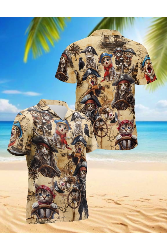 Pirate Cat Hawaiian Shirt for Men, Button Down Summer Beach Short Sleeve, Cat Lover Gift, Sizes S-5XL