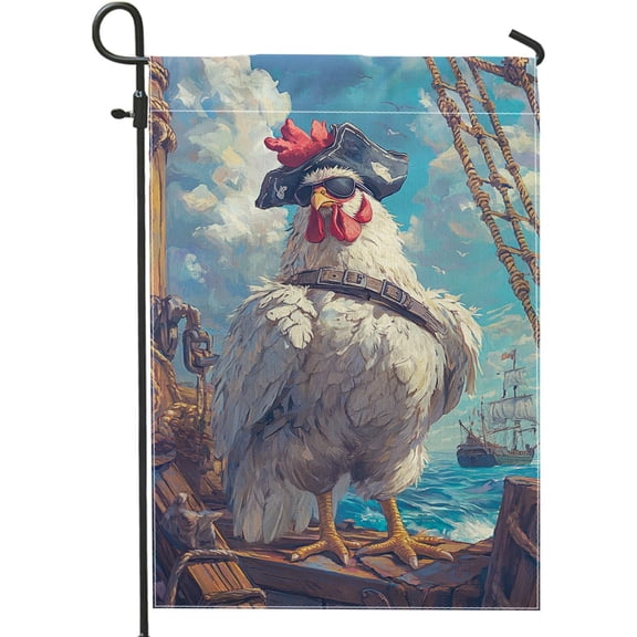 Pirate Chicken Garden Flag, Colorful Rooster Home Decor Flag, Double Sided Burlap Yard Flag Fall Outdoor Decoration, Funny Novelty Lawn Flag 12x18 Inch