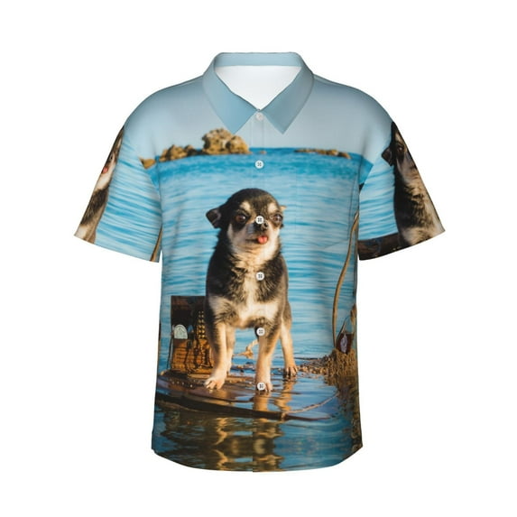 Pirate Chihuahua Flag Men'S 3d Print Casual Button Down Shirts, Novelty Hawaiian Short Sleeves M
