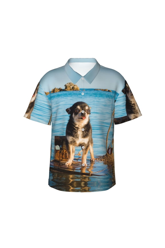 Pirate Chihuahua Flag Men'S 3d Print Casual Button Down Shirts, Novelty Hawaiian Short Sleeves Xl