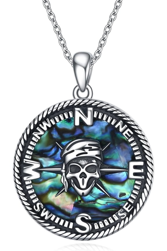 Pirate Compass Necklace Sterling Silver Abalone Shell Viking Skull Compass Jewelry Gift for Men