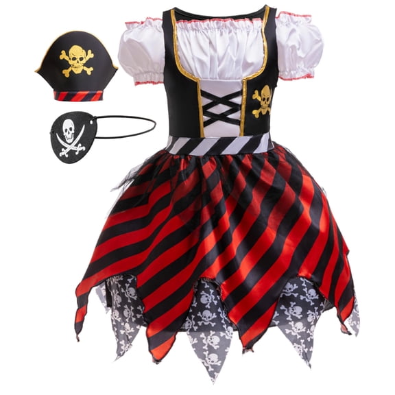 Pirate Costume Kids Pirate Hat Eye Patch Role Play Girls Dress Up Halloween Costume Cosplay 7-8Y(L)