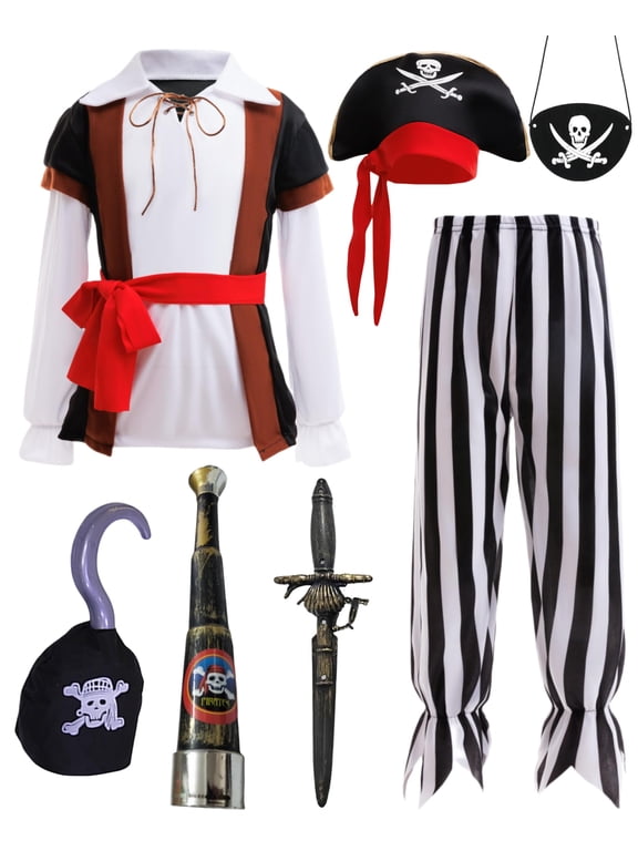 Pirate Costume Kids Pirate Role Play Dress Up Boys Halloween Costume Cosplay Birthday Party 5-6Y(L)