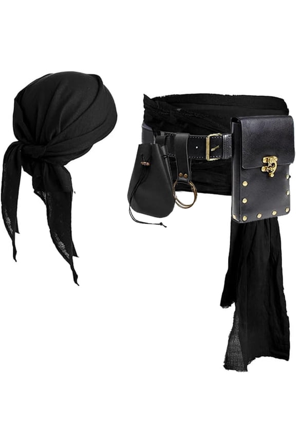 Pirate Costume Sash Head Scarf Belt Pouch Waist Bag Gold Coin Purse Steampunk Phone Holder Medieval Leather Belt Renaissance Cosplay Accessory (Pouch-Black)
