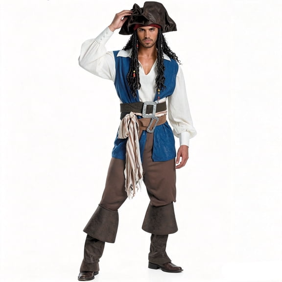 Pirate Costume Set, Vintage Renaissance Buccaneer Outfit with Headband, Vest, Belt Sash for Halloween Cosplay Theme Party Dress‑Up
