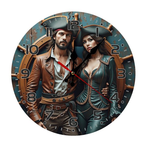 Pirate Couple Leather Jacket Wall Clock 10 Inch Silent Non Ticking Round Wooden Clock Decoration for Living Room Kitchen Bedroom Bathroom Office Classroom