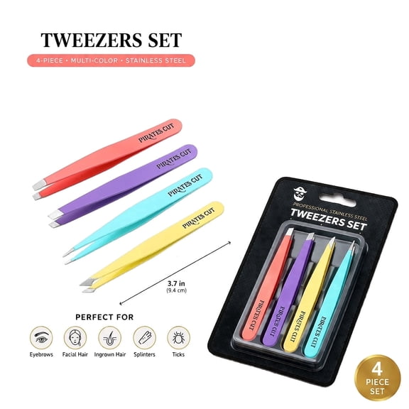 Pirates Cut Expert Tools Slant & Pointed Tip Precision Tweezers for Eyebrow, Facial Hair, Ingrown Hair & Splinter Removal, Stainless Steel, Multicolor