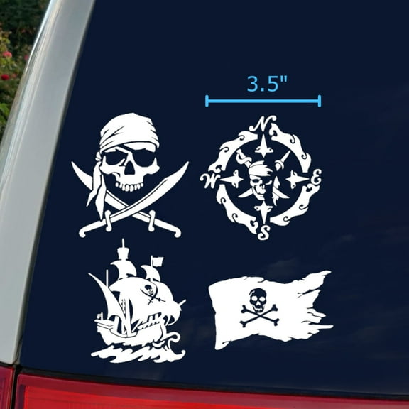 Pirate Decals 4 Pack: Skull and Swords, Pirate Ship, Pirate Flag, Pirate Compass