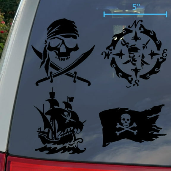 Pirate Decals 4 Pack: Skull and Swords, Pirate Ship, Pirate Flag, Pirate Compass