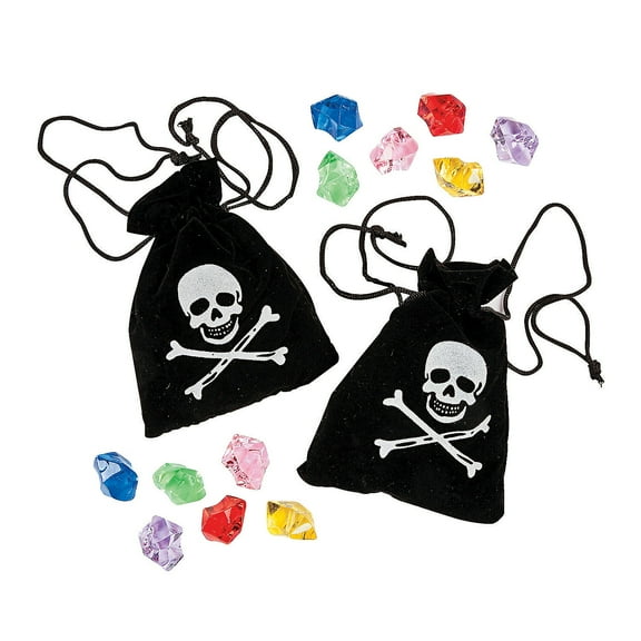 Pirate Drawstring Bags W/ Plastic Jewels - Party Favors - 12 Pieces