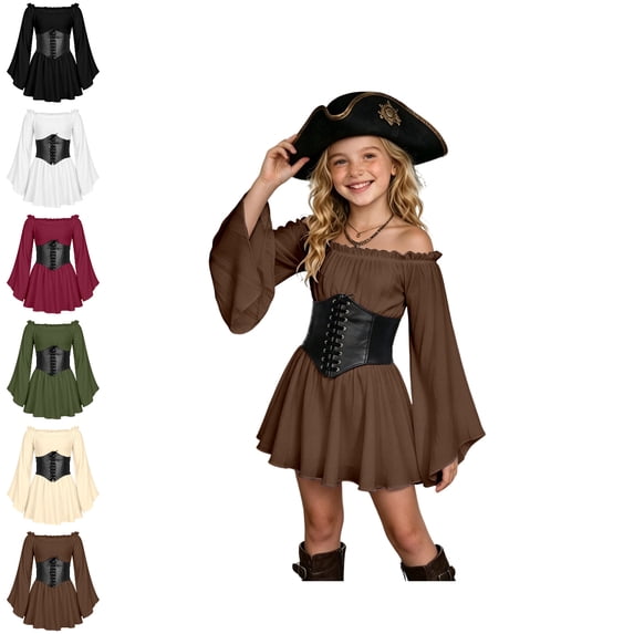 Pirate Dress Tween Bell Sleeves Medieval Dress with Corset Belt A Line Pirate Costume Tween Girls