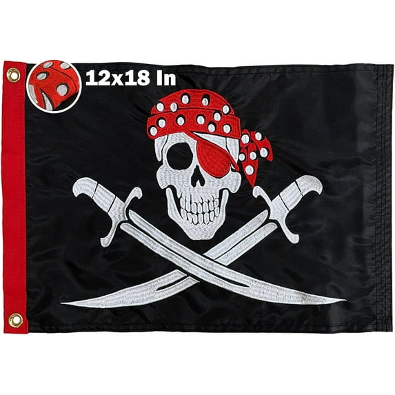 Pirate Flag 12x18 Inch Jolly Roger Boat Flags Red Eye Patch Embroidered Skull Nylon with 2 Brass Grommet for Outdoor Halloween Decorations