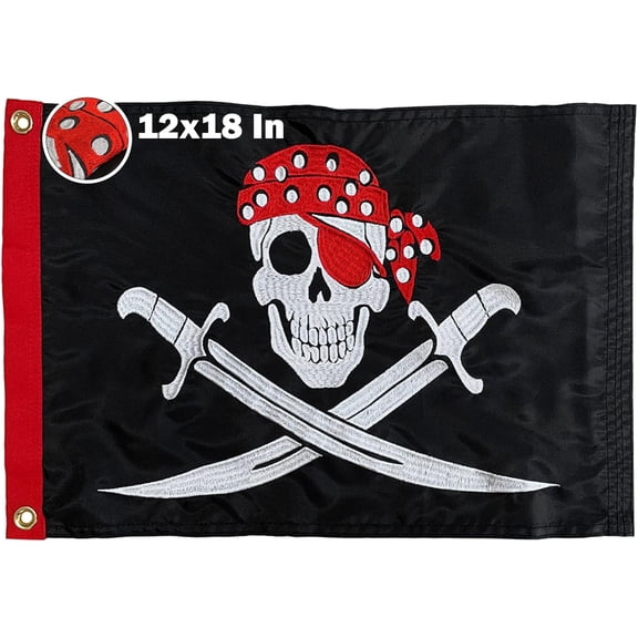 Pirate Flag 12x18 Inch Jolly Roger Boat Flags Red Eye Patch Embroidered Skull Nylon with 2 Brass Grommet for Outdoor Halloween Decorations