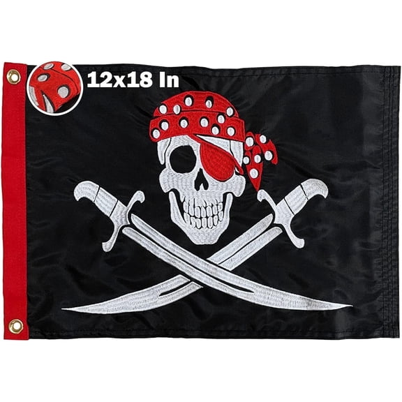 Pirate Flag 12x18 Inch Jolly Roger Boat Flags Red Eye Patch Embroidered Skull Nylon with 2 Brass Grommet for Outdoor Halloween Decorations