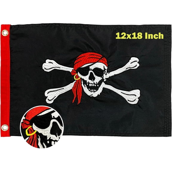 Pirate Flag Jolly Roger Red Scarf Flags 3x5 Feet Embroidered Nylon with 2 Brass Grommets 4 Stitching Rows Heavy Duty Nylon for Outdoor Halloween Decorations
