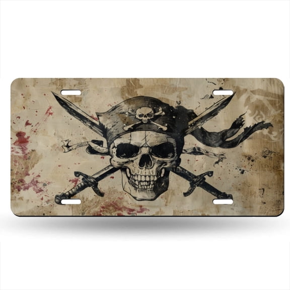 Pirate Flag With Crossed Sabers And Skull Decorative Signboard, Decorative Metal Plate with 4 Holes, 6x12inch Artistic Plate Frame