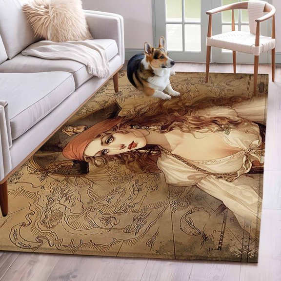 Pirate Girl 2.7x5 Rug for Office Desk Chair Area Small Bedroom, Treasure Route Map Washable Non Slip Rectangle Area Rug