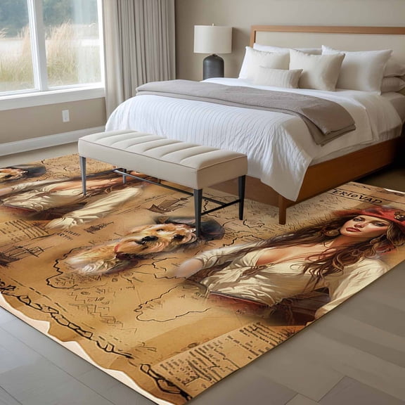 Pirate Girl 6x9 Rug for Dining Room Table and Chair Setup, Cute Dog Treasure Map Low Pile Washable Non Slip Rectangle Area Rug