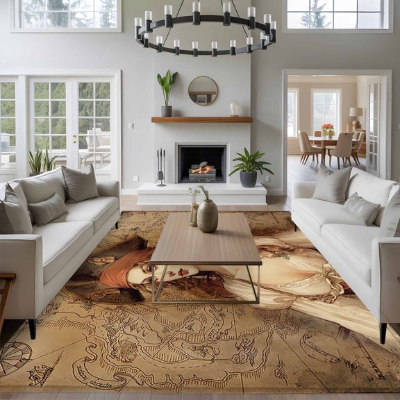 Pirate Girl 8x10 Area Rug for Living Room Sectional Sofa, Treasure Route Map Washable Non Slip Large Rectangle Area Rug