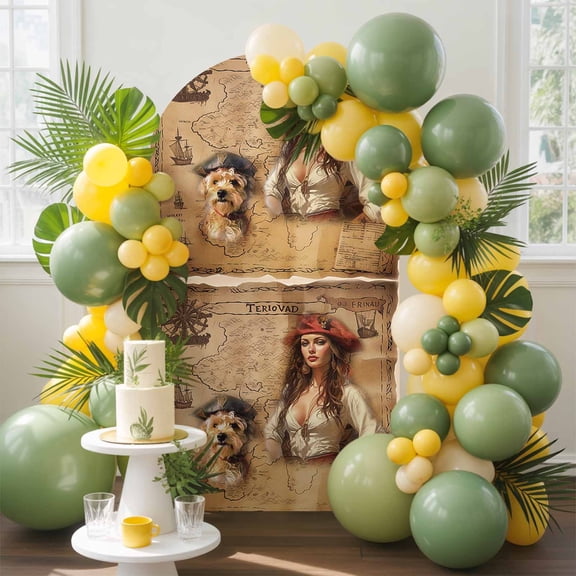 Pirate Girl Arch Backdrop Cover, 4FT, Cute Dog Treasure Map Spandex Arch Covers Double-Sided Backdrop for Wedding Birthday Party Photo Background Decoration