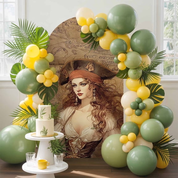 Pirate Girl Arch Backdrop Cover, 7.2FT, Treasure Route Map Spandex Arch Covers Double-Sided Backdrop for Wedding Birthday Party Photo Background Decoration