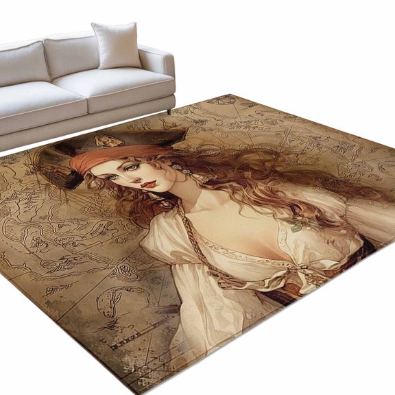 Pirate Girl Area Rugs 6x9ft Treasure Route Map Floor Rug Non Slip Low Pile Ultra Soft Throw Carpet for Entryway Indoor Entrance Kitchen Bathroom