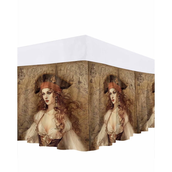 Pirate Girl Bed Skirt Treasure Route Map Bed Skirts Queen Size 16 Inch Drop, Wrap Around Dust Ruffle Bedskirt with Adjustable Elastic Belt for Queen Size Beds