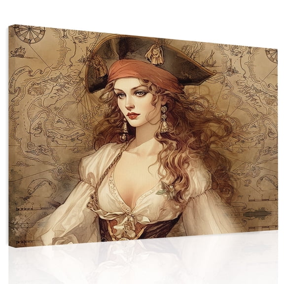 Pirate Girl Canvas Print Wall Art, Treasure Route Map Wall Decor Modern Artwork Paintings Pictures for Living Room Framed and Stretched Ready to Hang, 24" x 32"