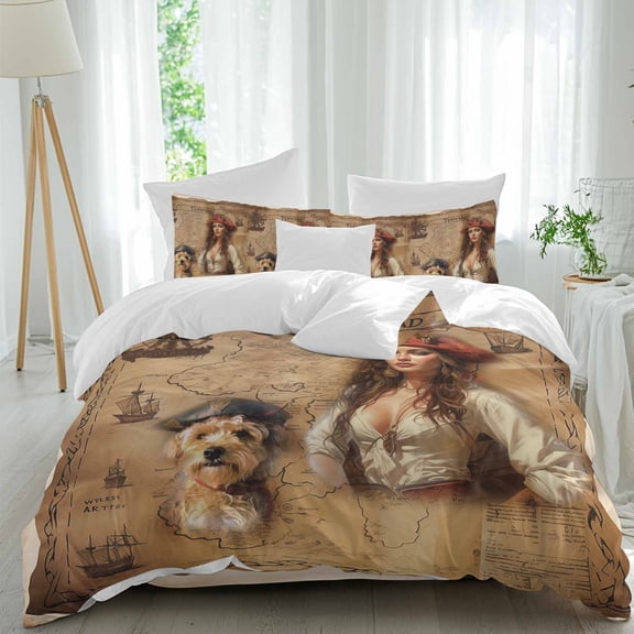 Pirate Girl Comforter Set California King Size, Cute Dog Treasure Map Soft Bedding Set for Man Woman, 4 Pieces Duvet Cover Set with Fitted Sheet, 2 Pillowcases