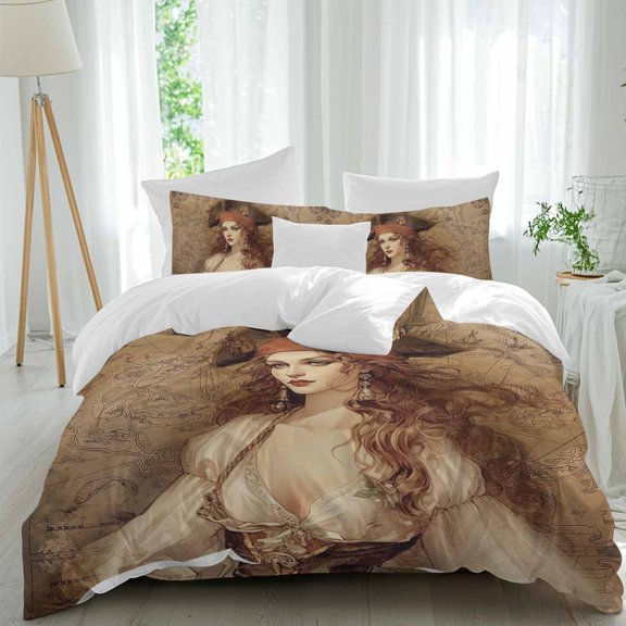 Pirate Girl Comforter Set Queen Size, Treasure Route Map Soft Bedding Set for Man Woman, 4 Pieces Duvet Cover Set with Fitted Sheet, 2 Pillowcases