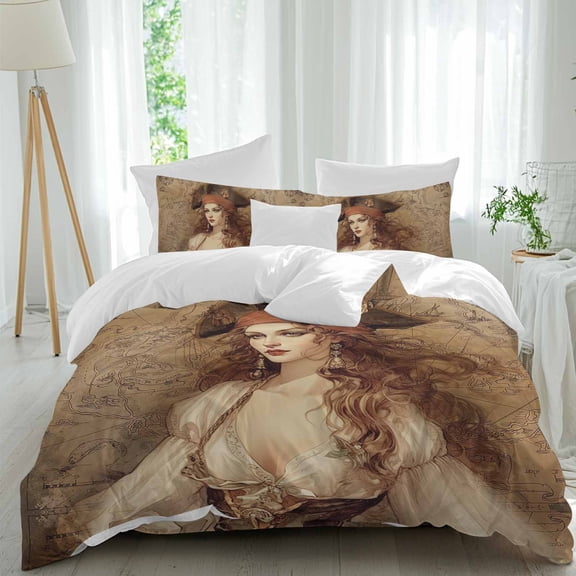 Pirate Girl Comforter Set Twin Size, Treasure Route Map Soft Bedding Set for Man Woman, 4 Pieces Duvet Cover Set with Fitted Sheet, 2 Pillowcases