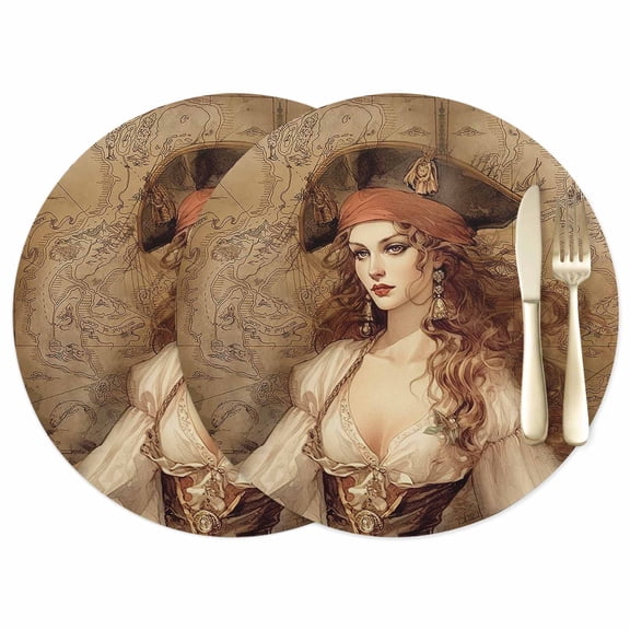 Pirate Girl Leather Placemats Set of 2, 12 Inch, Treasure Route Map Waterproof Oil-Proof Place Mats, Non-Slip Table Mats for Kitchen, Dining Room, Indoor Outdoor