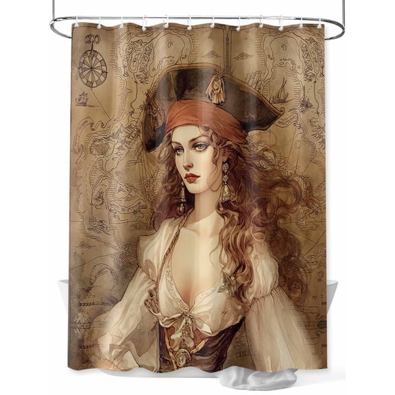 Pirate Girl Shower Curtain, Treasure Route Map Waterproof Shower Curtain Set with 12 Hooks Lightweight Washable Fabric Shower Curtains for Bathroom 36x72 Inches