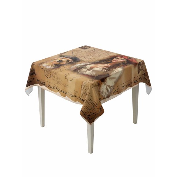 Pirate Girl Table Cloth 54x54 Inch Square, Cute Dog Treasure Map Waterproof Tablecloth Washable Table Cover for Party Picnic Dinner Decor