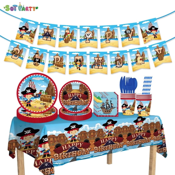 Pirate Happy Birthday Party Tableware Set for 10 Guests, Disposable Nautical Dinnerware Kit with Plates, Cups, Napkins, Cutlery, Banner & Tablecloth, Kids Pirate Themed Party Supplies