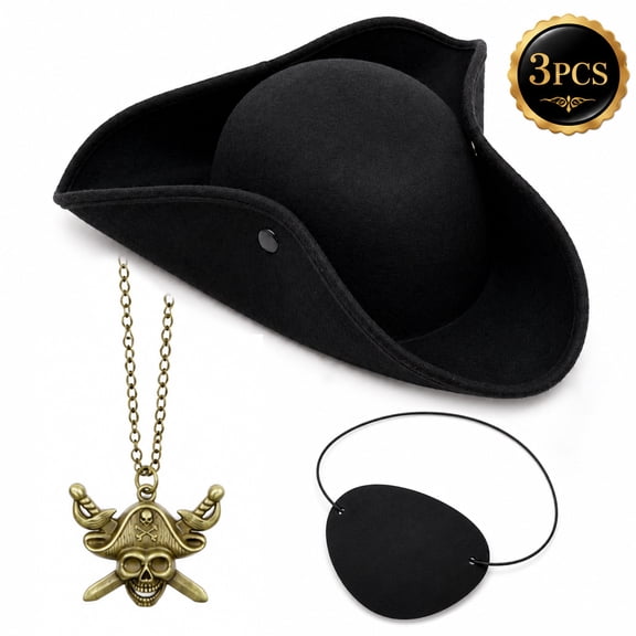Pirate Hat Costome Accessories Halloween Captain Pirate Tricorn Hat With Eye Patch Necklaces For Men Women Design 3