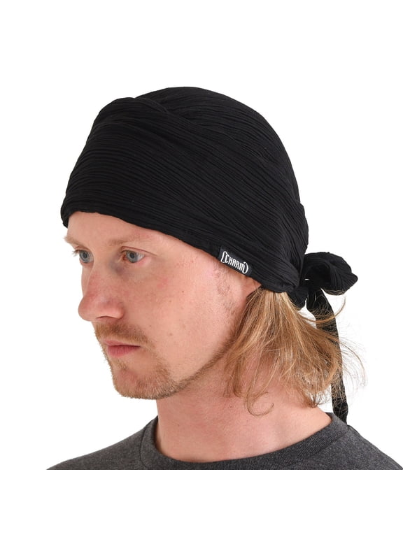 Pirate Hat Head Scarf – Boho Long Turban Bandana Cap, Fortune Teller Costume, Black