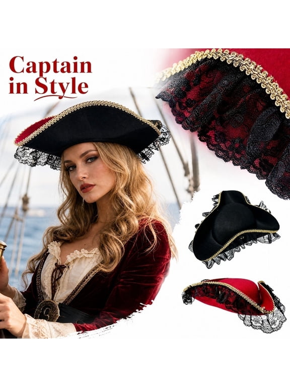 Pirate Hat Women,Tricorn Hat with Gold Trimming,Lace Trim Pirate Costume Accessories for Adults Halloween Cosplay Party