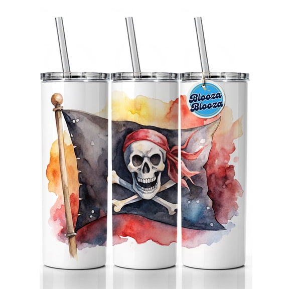Pirate Jolly Roger Skull Crossbones Flag Watercolor 20oz Insulated Water Bottle Skinny Tumbler Includes Straw