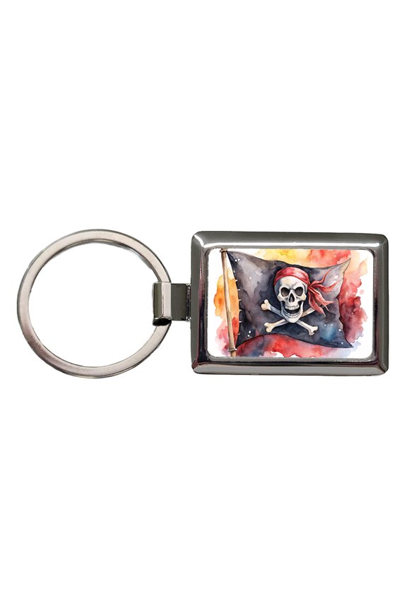Pirate Jolly Roger Skull Crossbones Flag Watercolor Metal Rectangle Keychain