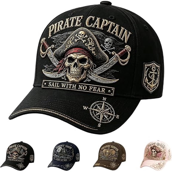 Pirate Legend Embroidered Baseball Cap, Vintage Nautical Skull Adjustable Hat for Halloween, Travel & Everyday Wear(RL Black)