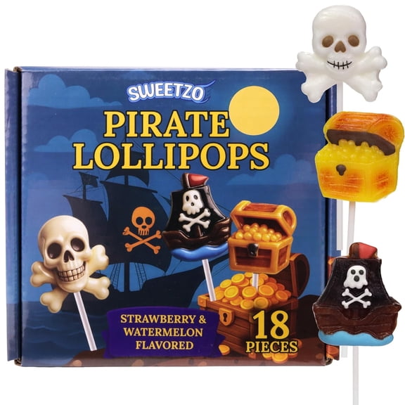 Pirate Lollipops, Ship, Treasure Chest and Skull Shaped Suckers, Party Favor Candy, Individually Wrapped, Pack of 24, 7.6 Ounces