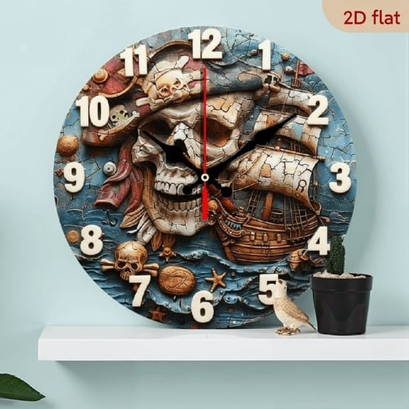 Pirate MDF Wood 10in Round Wall Clock, Silent Non-Ticking Battery Operated, Modern Home Decoration Art, Excellent Gift for Halloween Easter Christmas