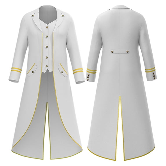Pirate Magician Halloween Cosplay Robe, Gold Trim Victorian Long Tail Coat, Double Layer Steampunk Formal Tailcoat for Halloween Noble Pirate Magician Cosplay, Medieval Vintage Stage Costume, White M