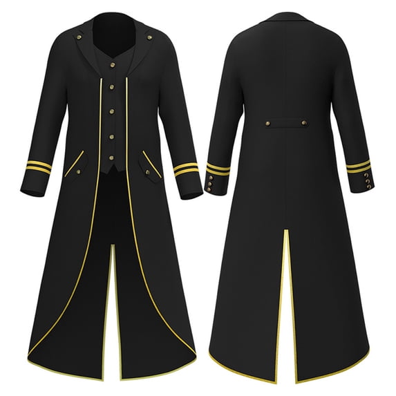 Pirate Magician Halloween Cosplay Robe, Gold Trim Victorian Long Tail Coat,Double Layer Steampunk Formal Tailcoat for Halloween Noble Pirate Magician Cosplay,Medieval Vintage Stage Costume, Black XXL
