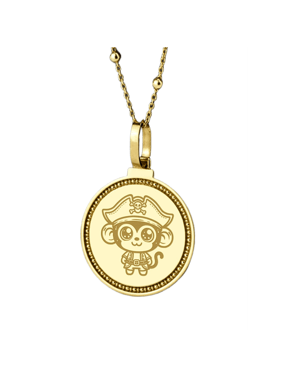 Pirate Monkey Engraved Pendant Necklace, Gold Plated Brass Round Jewelry with 18 Inch Cable Chain, 24mm Engraved Design Pendant for Men & Women
