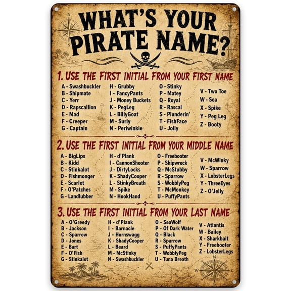 Pirate Name Wall Decor Sign - Vintage Style Metal Sign 8x12 Inch - Nautical Home Decor with Pre-Drilled Holes for Easy Hanging - Indoor/Outdoor Use - Rustic Weather Resistant Finish