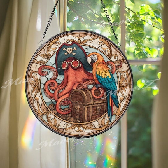 Pirate Octopus Glass Suncatcher, Round Nautical Window, Treasure Chest, 3.5 in