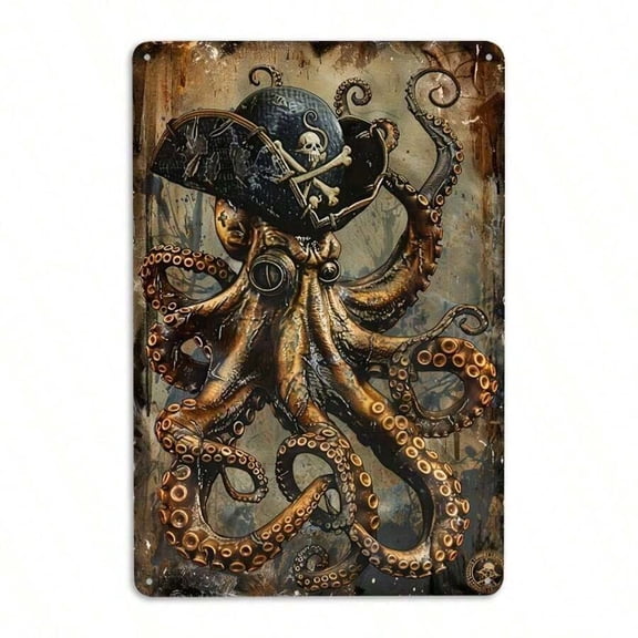 Pirate Octopus Skull Crossbones Tin Sign: Steampunk Nautical Kraken Artwork Galvanized Metal Sign 1PC